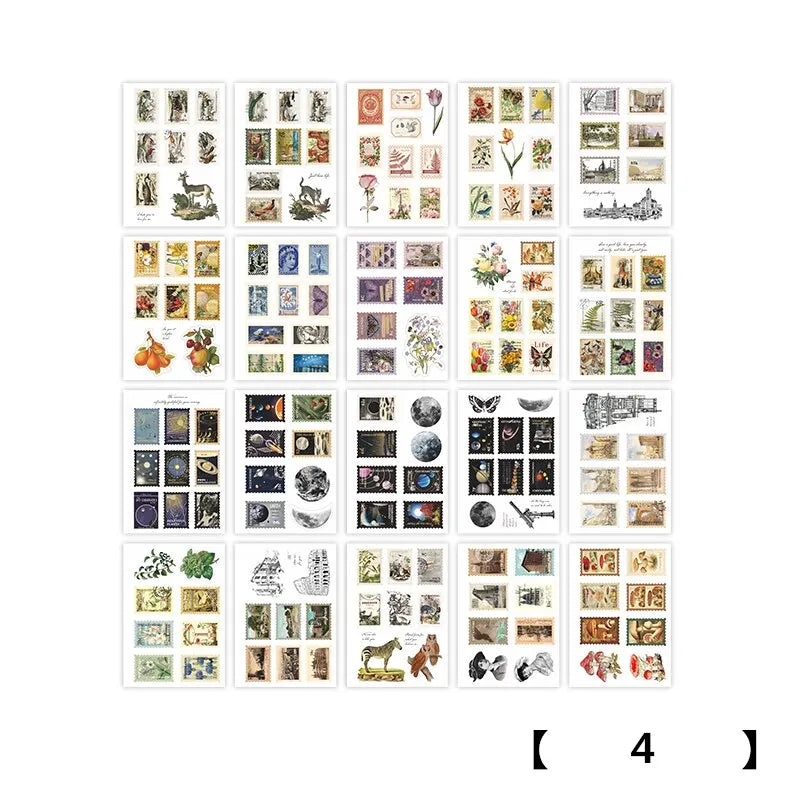 4 Design PET Vintage Sticker Book Literary Plant Stamp Labels Rich Pattern Handbook DIY Decorative Aesthetic Stickers
